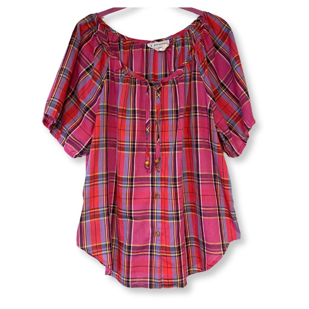 VINTAGE X-pressions Plaid Gathered Peasant Blouse Cottagecore Top Buttons XL